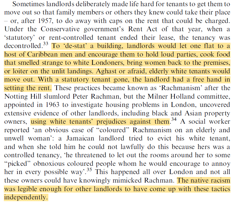Unhinged 2022 article describes the cruel, nasty postwar phenomenon of ‘de-statting’, where elderly white London tenants were intimidated and abused into moving out of rent-controlled properties by recent immigrant landlords, as “using white tenants’ prejudices against them”.