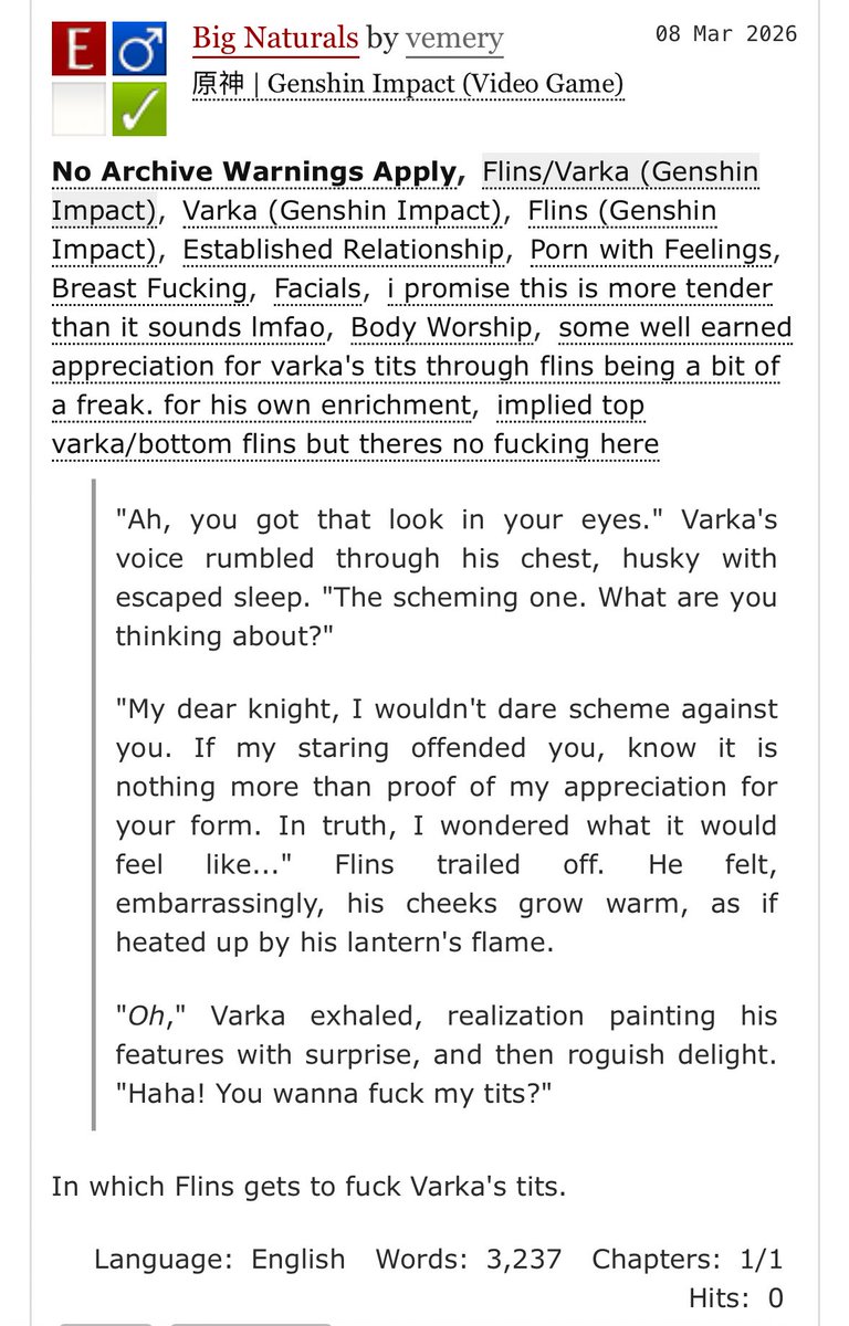 vemvrite's tweet photo. Big Naturals | #varflins #knightlight #nsfw

in which flins gets to fuck varka’s tits 🫣 

https://t.co/quMLgQytZv https://t.co/m73HssB6gh