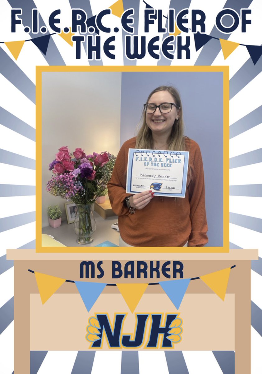 nelsonjh_hawks's tweet photo. 💙🩵💛 Congratulations to Ms. Barker for being our FIERCE FLIER of the week!!! The dedication you put into the school is beyond FIERCE!!! Way to be HAWK-TASTIC!!! 💛🩵💙 #hawknation #flyFIERCE #NJH #njhawks https://t.co/hcekyA7Jkp