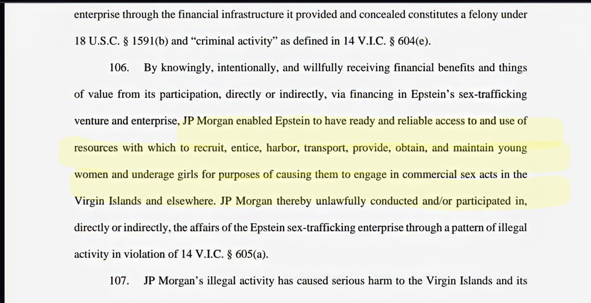 epsteinsearchin's tweet photo. A court found JP Morgan "unlawfully conducted or participated in" Epstein's sex trafficking enterprise.

The world's largest bank wired over $3 million to girls involved.

They settled for $75 million. No criminal charges. No arrests.

14 V.I.C. § 605(a) https://t.co/3pwojvXeao