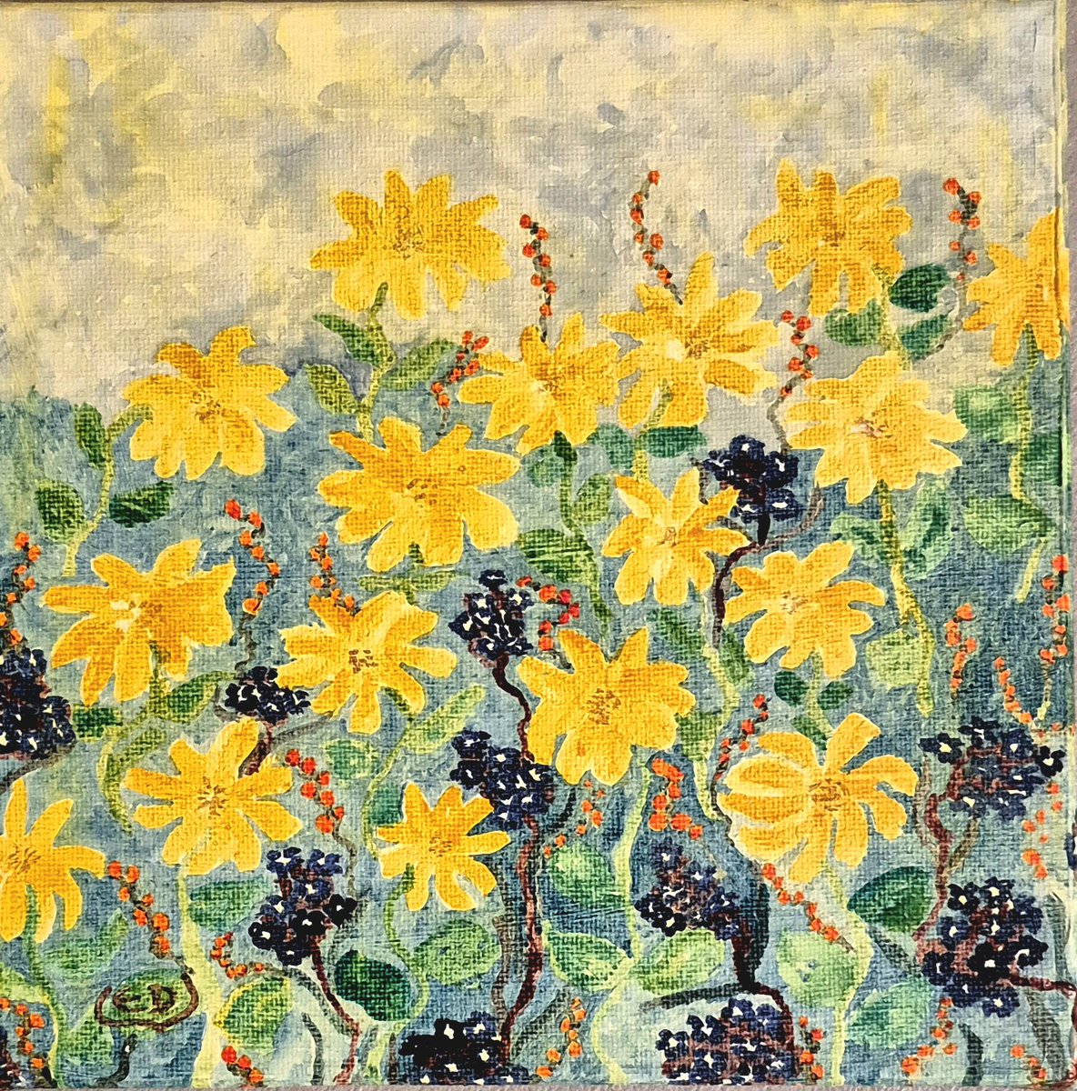 Eveline David-Valette
edvsculpturepeinture.fr 
“Fleurs jaunes”
Encres de couleur à base de gomme laque sur toile – 20 x 20 cm.
Peindre dehors, sentir l’air, observer les détails de la nature… c’est une source infinie d’inspiration. 🌼