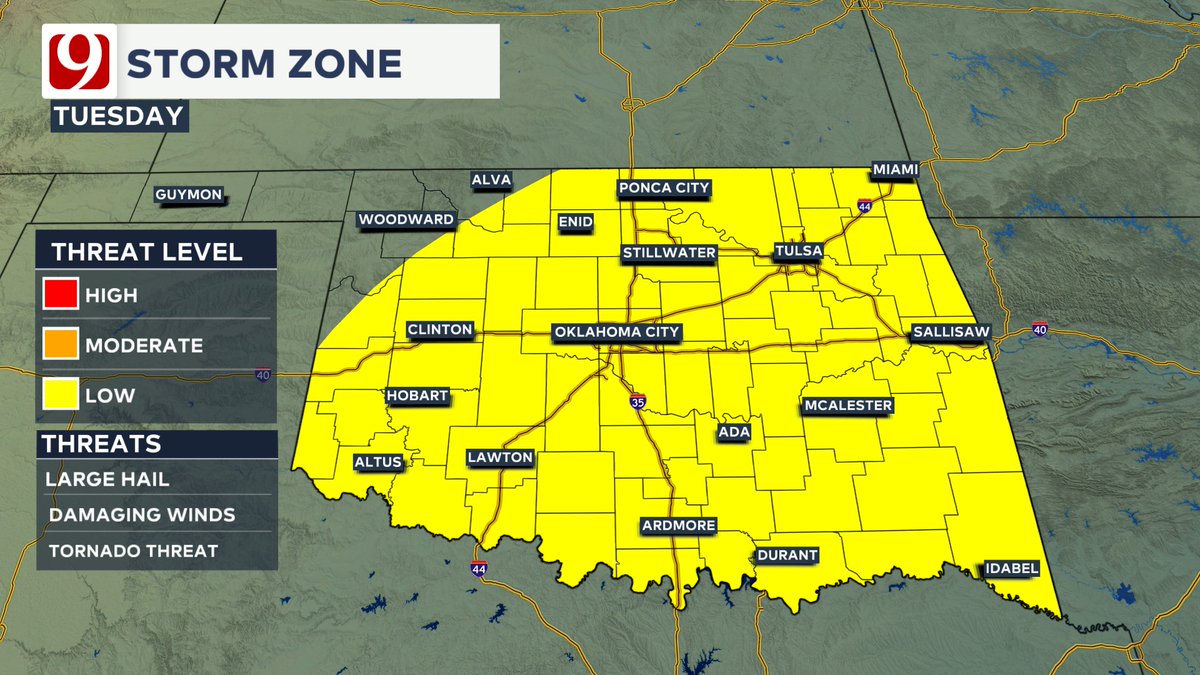 AAdamsWX's tweet photo. Next chance for rain and storms arrives Tuesday!
Strong system from the southwest brings a couple waves of rain Tuesday into early Wednesday. Severe storms will be possible Tuesday afternoon-night. Keep checking back as we continue to update this forecast! #okwx https://t.co/Ejw7FdQBGr