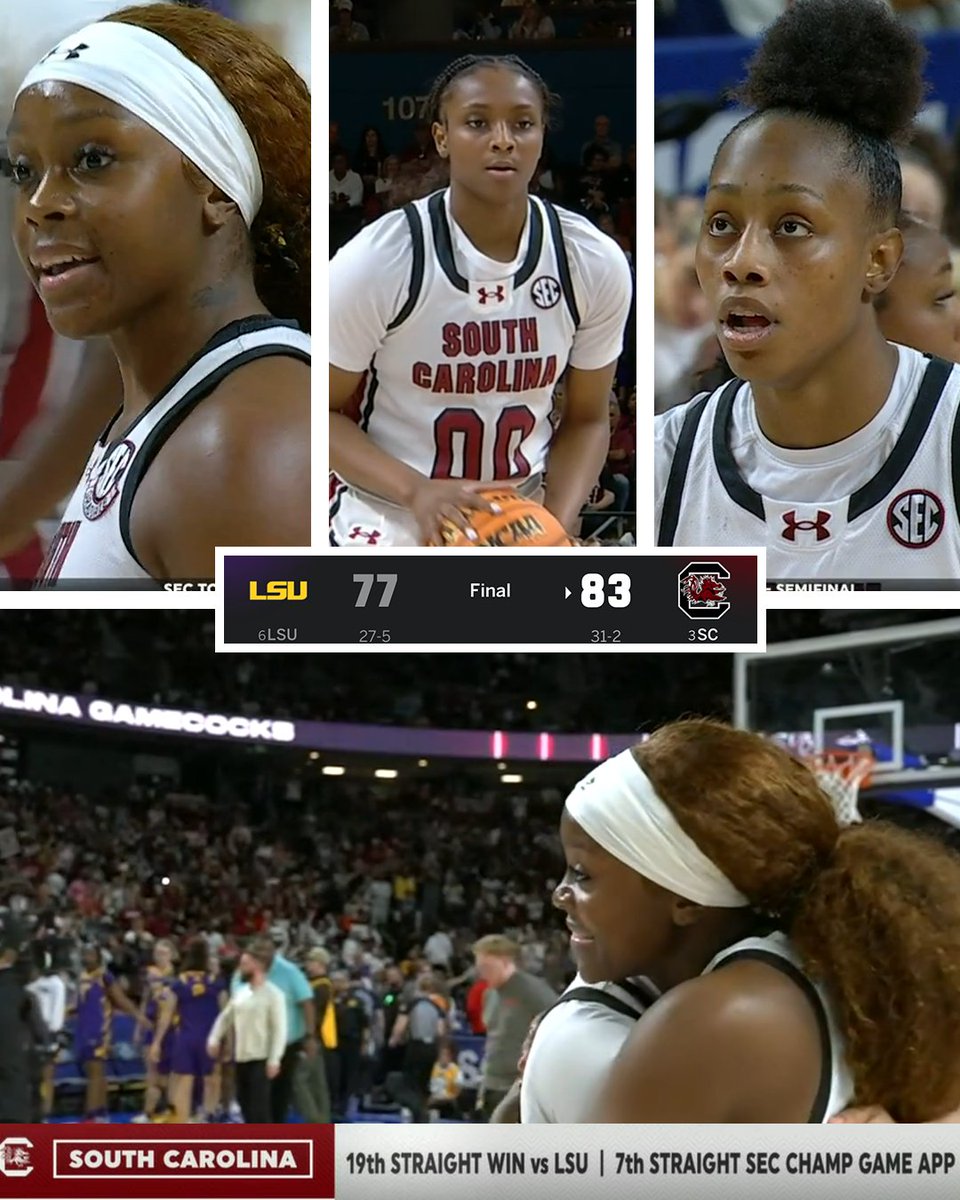 RAVEN JOHNSON TODAY:
22 PTS, 8 AST, 4/6 3PM, 9/14 FG

TA’NIYA LATSON TODAY:
19 PTS, 6/13 FG

JOYCE EDWARDS TODAY:
18 PTS, 11 REB, 3 AST, 7/13 FG

SOUTH CAROLINA BEATS LSU!