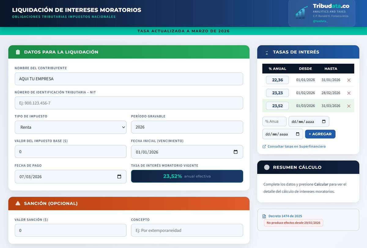 Cansado de calcular a mano o en Excel los intereses moratorios de la DIAN? 😩 ¡Tenemos la solución! NUEVO aplicativo en Tribudata.co para el cálculo de intereses moratorios de impuestos nacionales. 📊 Simplifica tu trabajo tributario haciendo clic aquí: