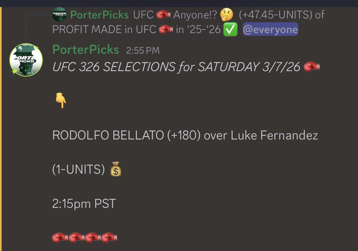 Porter_Picks's tweet image. **CLIENT SELECTION IN DISCORD**

CASH THOSE TICKETS @everyone 🫵🏽

RODOLFO BELLATO (+180) gets the job done over Luke Fernandez as expected! 😤

(+1.80-UNITS) 💰✨✅

ABSOLUTE BLOWOUT WINNER 🔥

(+49.25-UNITS) of PROFIT MADE in UFC 🥊 in ‘25-‘26 ✅

CHEERS!! 🍻✨🍻✨🍻✨🍻

JOIN