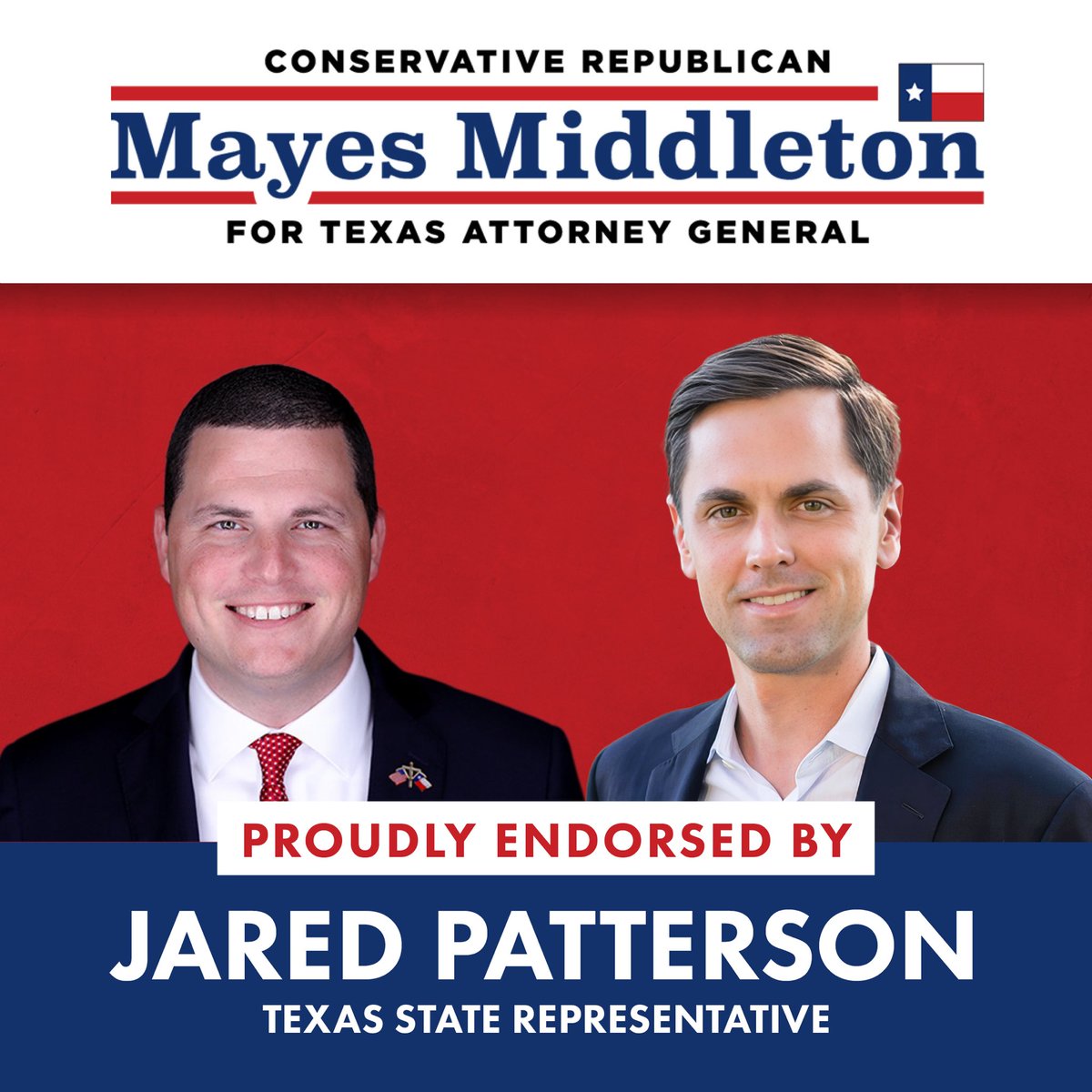 mayes_middleton's tweet photo. Thank you Representative Patterson. Enjoyed working with you to stop obscene books in school libraries. Early on, you uncovered books that had no place in our schools and didn’t back down. 

“Mayes Middleton is 100% conservative. Trump said his “record on conservative issues is second to none.”  You can’t get better than that. I’m proud to endorse Mayes Middleton to be our next Attorney General.” - @JaredLPatterson