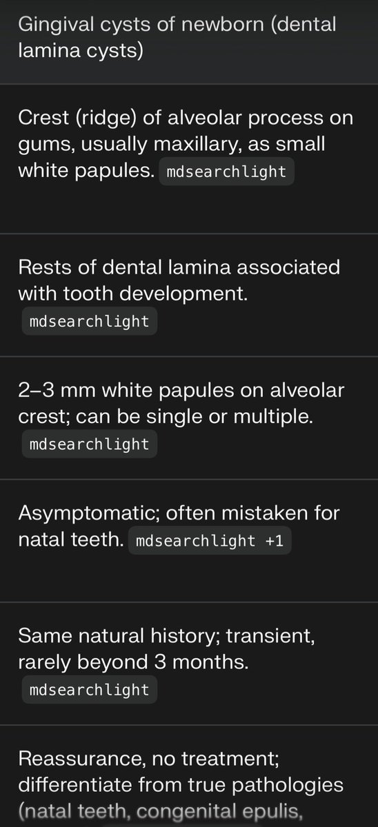 northboth's tweet photo. @abdulhamid_199 Midline palatal lesion→ Epstein’s pearls (palatal fusion line).

Alveolar ridge sides (buccal/lingual) or lateral palate→ Bohn’s nodules (salivary remnants).

On the crest of the alveolar ridge, mimicking tiny “teeth”→ gingival cysts of the newborn (dental lamina).

all benign https://t.co/tTfZDQqJue