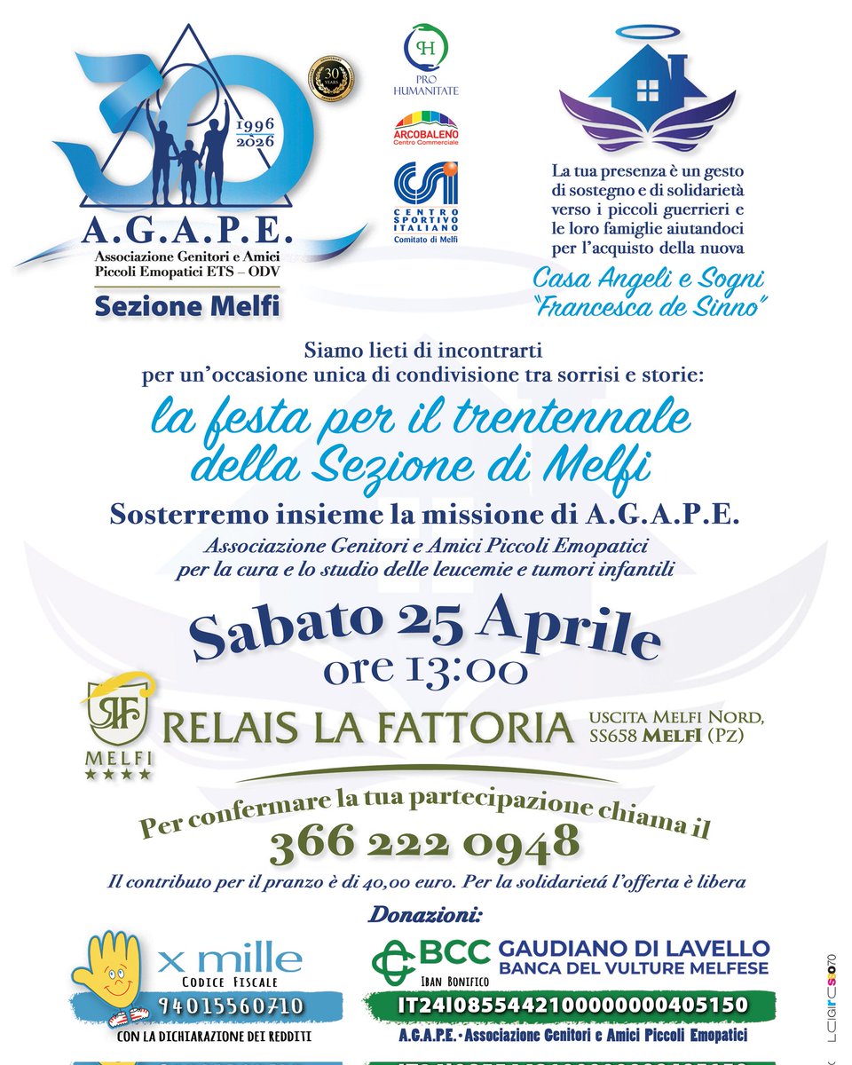 luigi191170's tweet photo. Quest'anno la prima Sezione dell'A.G.A.P.E. compie 30 anni🎂
Vi aspettiamo a Melfi per festeggiare insieme🎊🎉🎊

🌐facebook
https://t.co/OpscJxJ6II
🌐https://t.co/pQH0Dloltd
📧agape.sgr.onlus@gmail.com

#daunia #puglia #foggia #gargano #italia https://t.co/RnXp9BKdzn