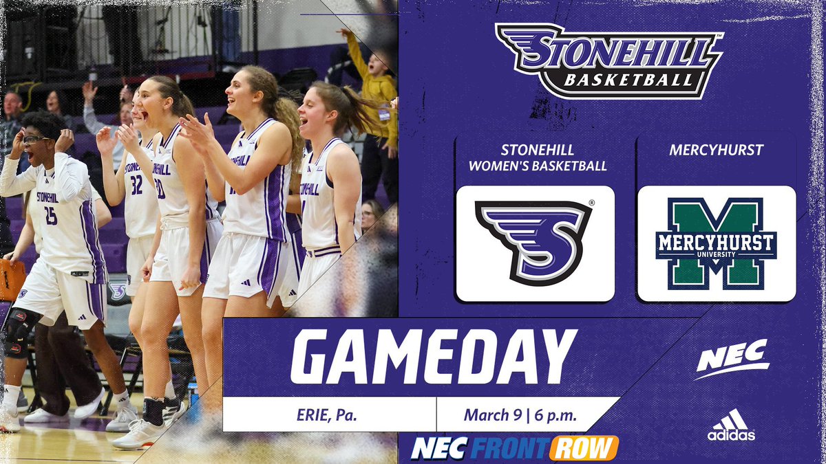 StonehillWBB's tweet photo. It's GAMEDAY and the Quarterfinals in the @nechoops Tournament! 

🆚: @HurstWBB 
⏰: 6 p.m.
📍: Erie, Pa.
🏟️: Mercyhurst Athletic Center
📺: https://t.co/WDP6Ka2JKT
📈: https://t.co/4cl6pPP0hc
🎟️: https://t.co/chuKlx1rBD

#GoHill #NECWBB https://t.co/XIcl7N05QA