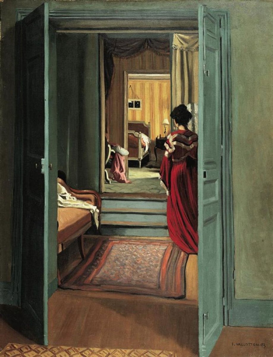pantomathwar's tweet photo. Félix Vallotton (1865–1925), Interior with the Back of a Woman in Red (1903) https://t.co/47nOgJ0Iuy