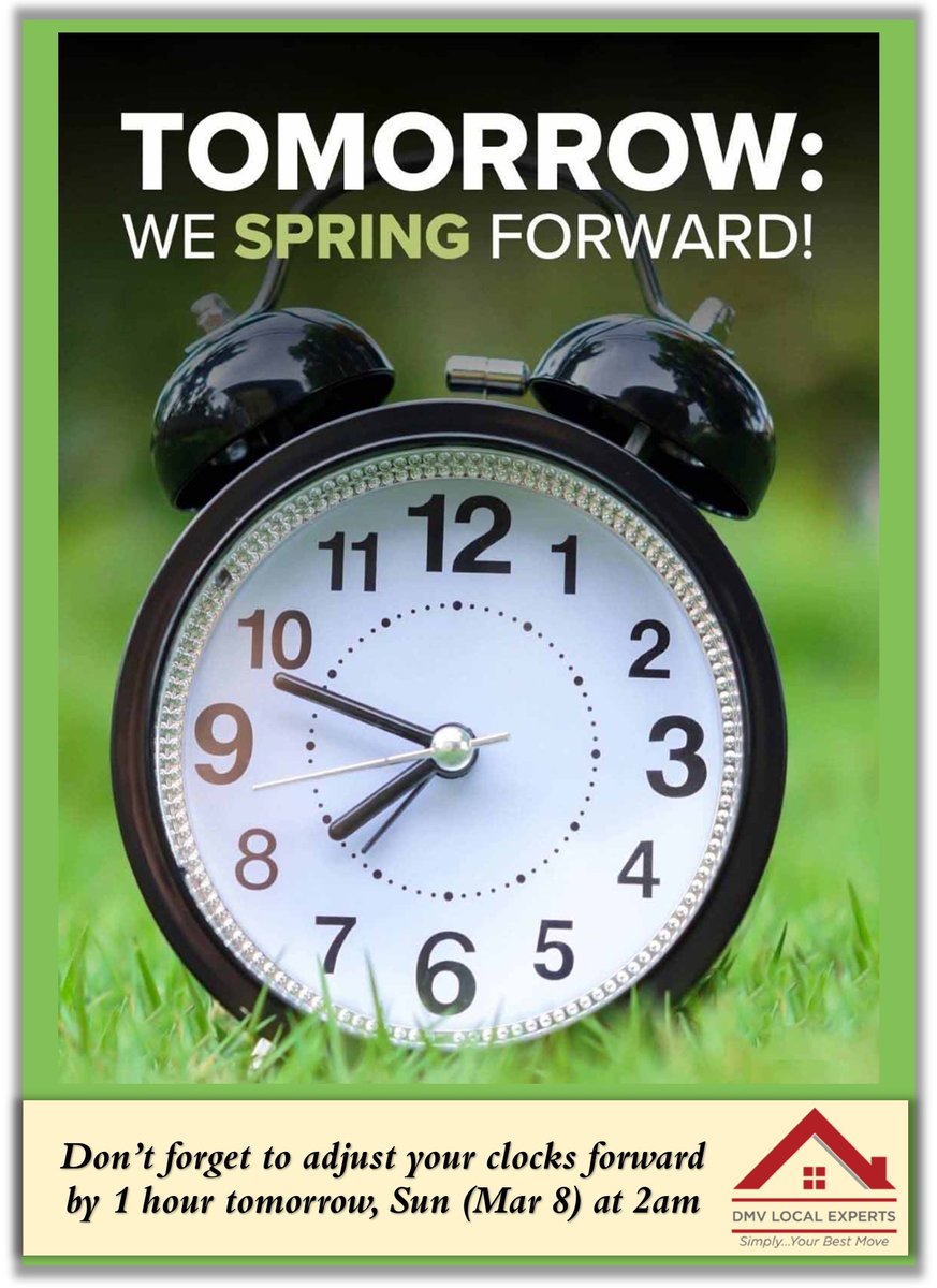 JanetGresh's tweet photo. Time to adjust your clocks forward 1 hour tomorrow, March 8, at 2 AM for the START of Daylight Savings Time….Time to spring forward and enjoy that extra hour of daylight! 🌞👍 https://t.co/SJRiJK0IhP