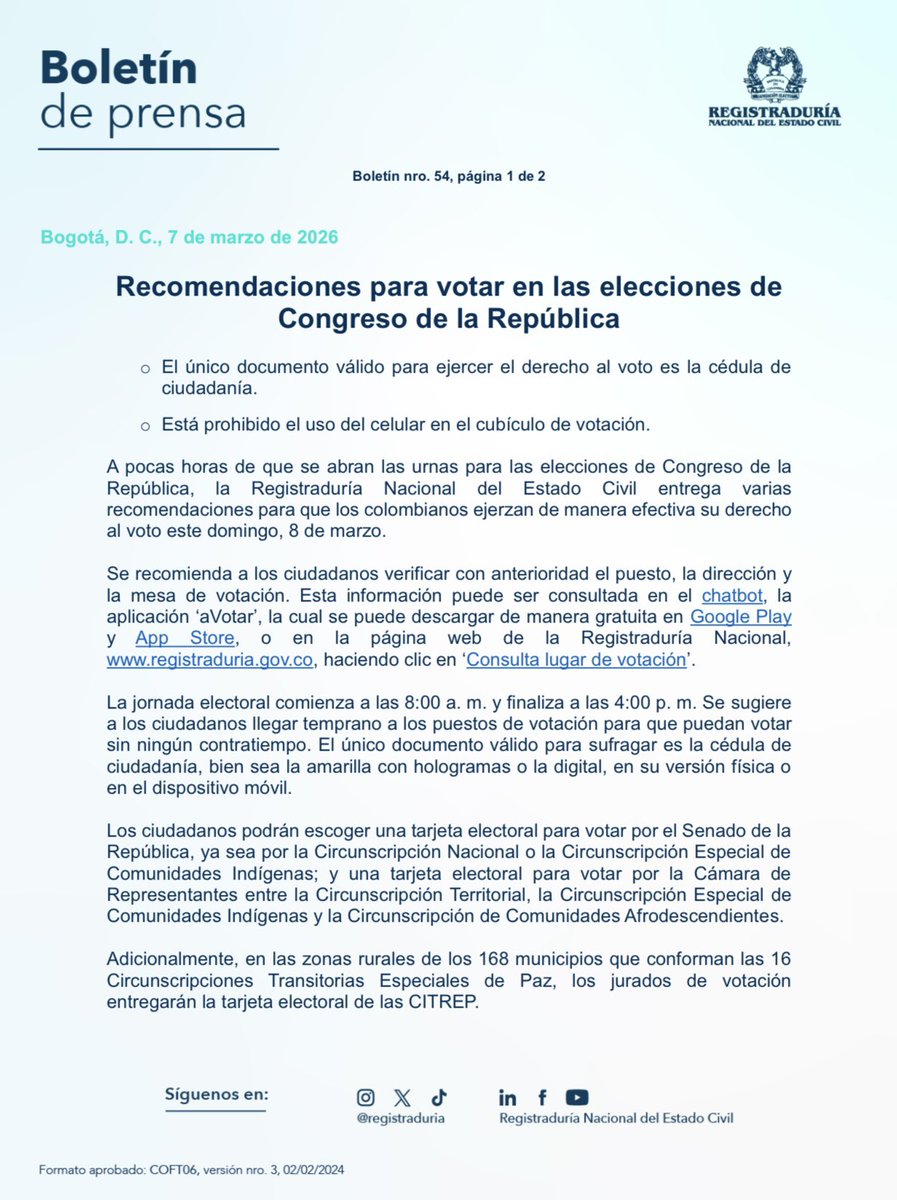 Registraduria's tweet photo. Recomendaciones para votar en las elecciones de Congreso de la República.

Comunicado oficial ⬇️ https://t.co/jA5a88mfh5