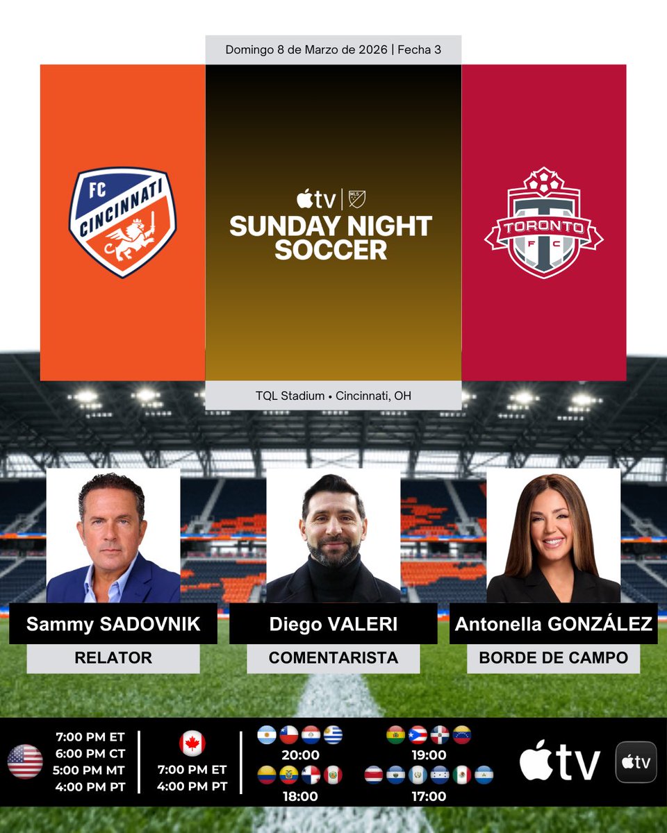 ProgramacionUS's tweet photo. ⚽️ #MLS 🇺🇸 | #FCCincinnati 🇺🇸 vs. #TorontoFC 🇨🇦
🎙Relator: @sadovnik1965
🎙Comentarista: @DiegoDv8
🎙️Borde de campo: @soyantosports
💻📱Suscripción a @AppleTV 🌎
#️⃣ #MLSisBack - #SundayNightSoccer - #CINvTOR https://t.co/NBeYbnyqMh