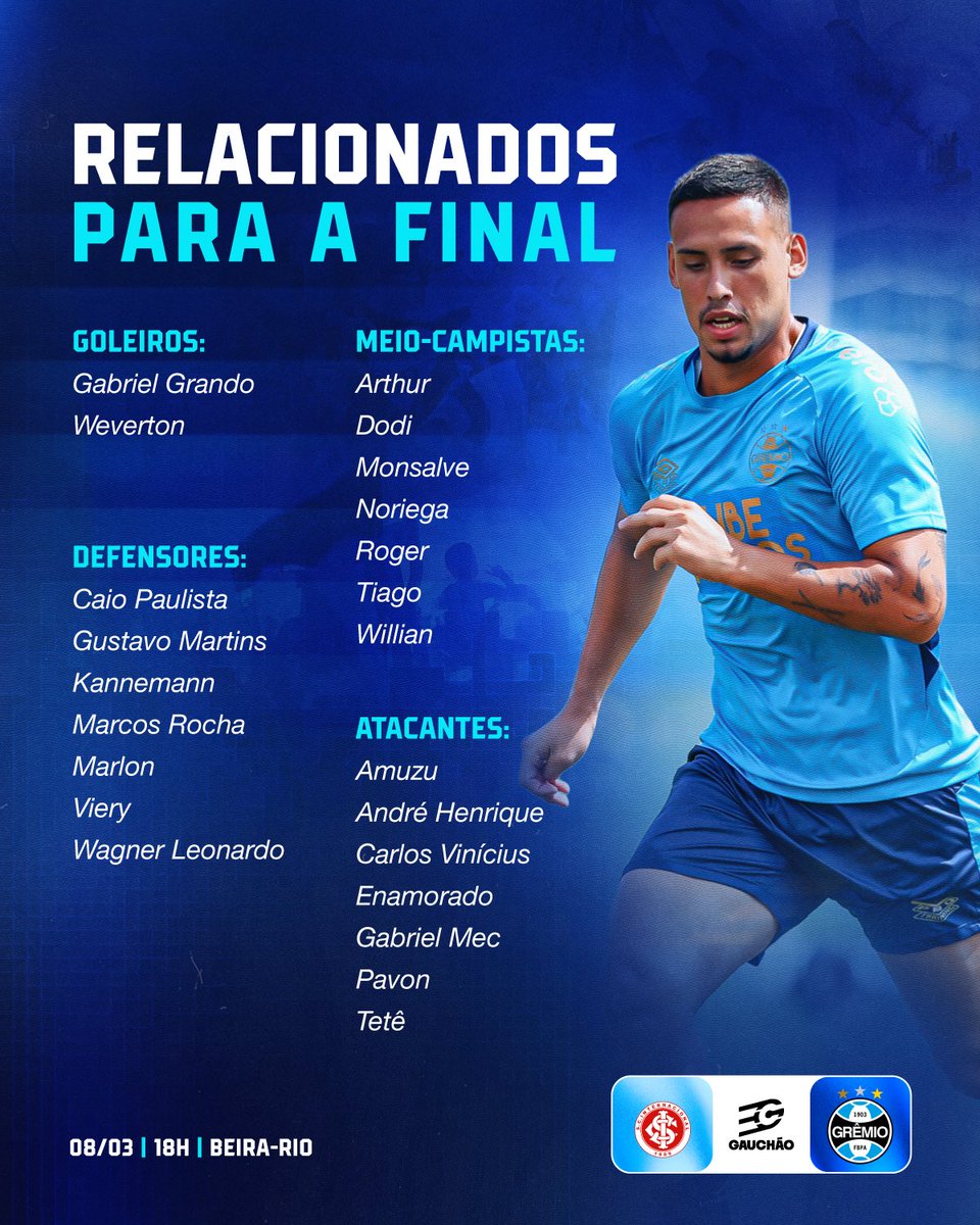 Gremio's tweet photo. RELACIONADOS PARA A DECISÃO 📋🇪🇪 Hora de conferir a lista dos atletas que irão representar as três cores na final do #Gauchão2026. Amanhã batalharemos juntos pela taça! 

#Grenal451 https://t.co/IGAC5Eqe3m