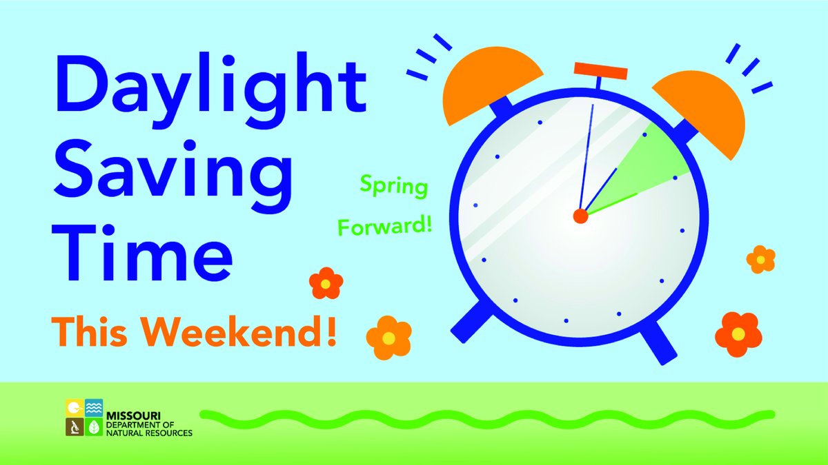 MoDNR's tweet image. ⏰ Time to #SpringForward! Before you snooze tonight (or if you're a night owl and up at 2 a.m.), remember to push your clocks forward an hour tonight for #DaylightSavings! Don’t be that person who shows up late because you forgot!