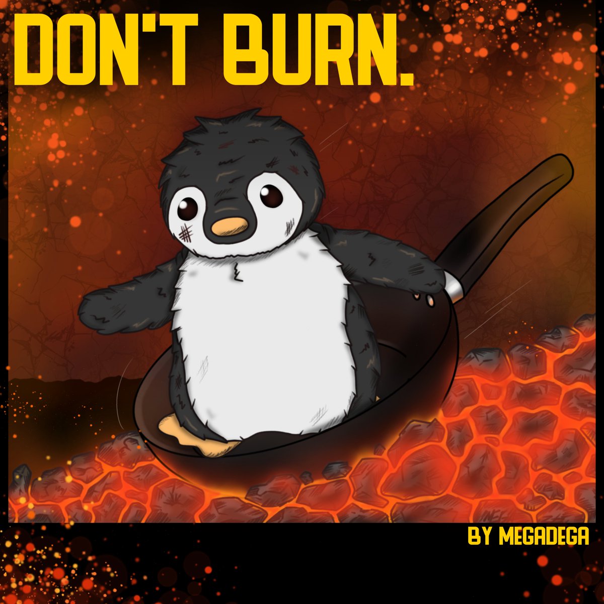 Megablega's tweet photo. Surfing across a bed of coals in my trusty frying pan. Support the madness over at https://t.co/ORvjg2Mwb7 🐧🔥 https://t.co/X8nB8uaSmN