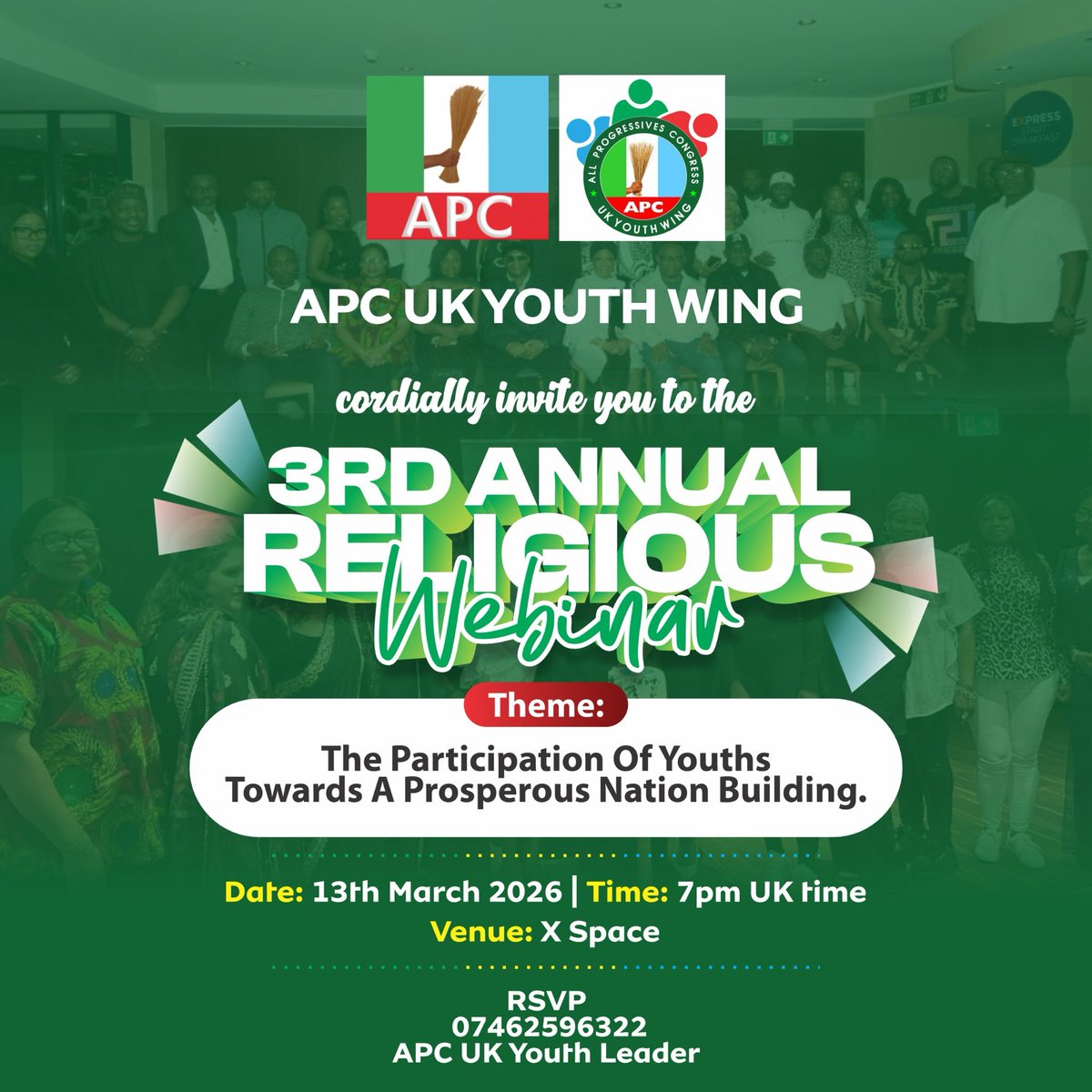 APC_UKYOUTH's tweet photo. APC UK Youth cordially invite you to the free enlightening and educational webinar. 

https://t.co/B7By0mmFwp

Theme: The participation of youths towards a prosperous nation building. 

Date: 13th March 2026

Time: 7pm 

Further information to be shared. https://t.co/jWhOgA35dU