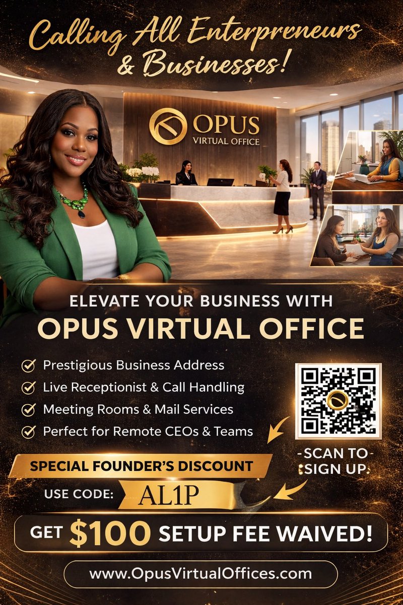 Calling all entrepreneurs, startups, small businesses, and established companies, elevate your business presence with Opus Virtual Offices.

Get the professional image your brand deserves with:
•A prestigious business address
•Live receptionist &amp; call handling
•Meeting room