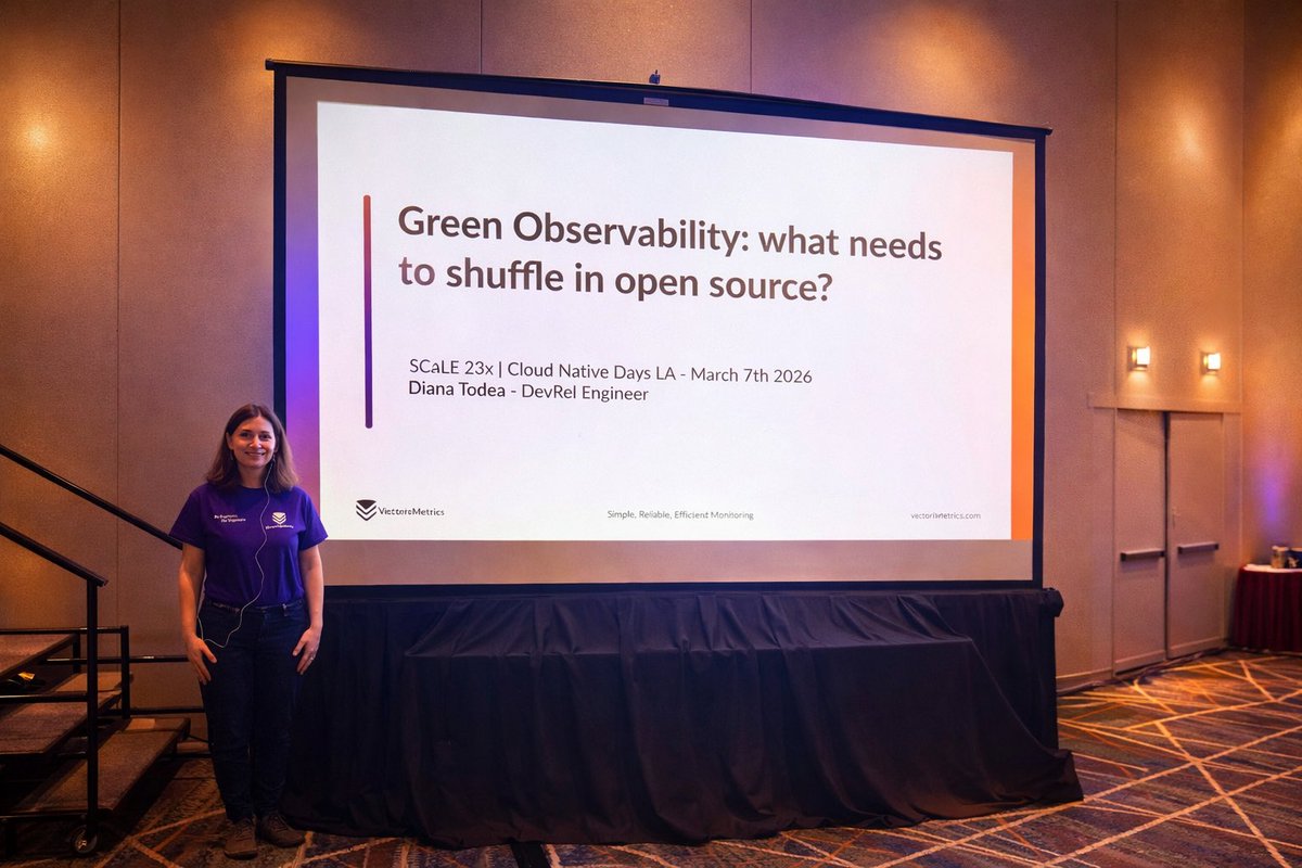 VictoriaMetrics's tweet photo. VictoriaMetrics is in da house at #Scale23X! 🚀
Right now, our Developer Advocate @dianavtodea is taking the stage to present:
🎤 “Green Observability: What Needs to Shuffle in #OpenSource?”
📍 Ballroom B
If you’re at the event, come join the session and learn how #Observability can evolve to be more sustainable for the future of #OpenSource and modern infrastructure.
See you there! 👋