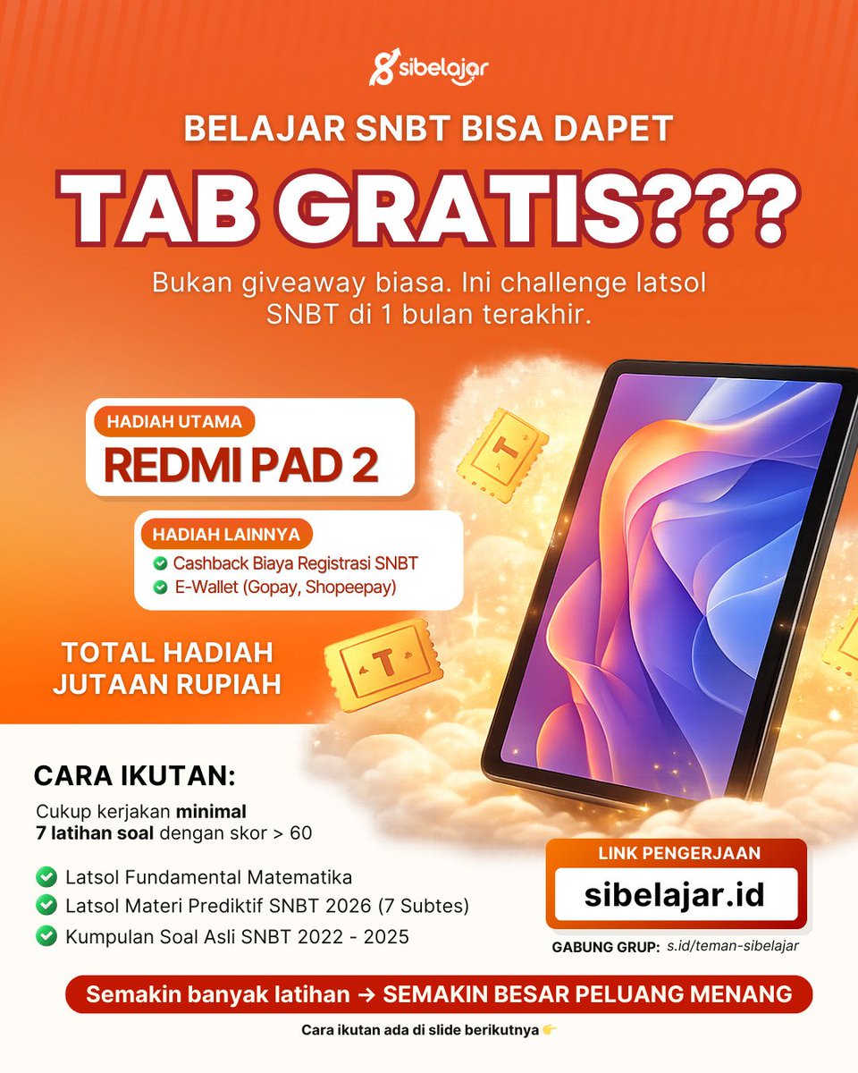 Pi300728's tweet photo. Belajar SNBT bisa dapet TAB GRATIS?Ini challenge latsol SNBT buat kalian yang serius ngejer PTN.
🎁 Hadiah Utama
Redmi Pad 2 - 1 Orang Pemenang
🎁 Hadiah Lainnya kepoin yuk di mimin😍 #ptn #snbt #utbk #SEVENTEEN https://t.co/iQvjwe1GP3
