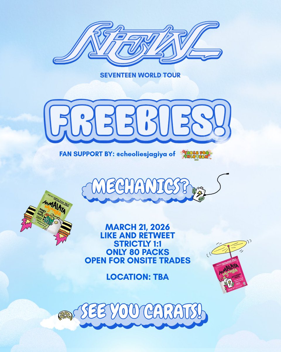 Hi loves! I’ll be giving away Himalaya Vajomba as freebies to help boost Carats’ energy and support hydration during the concert on Mar 21. Let’s all stay safe, refreshed, and enjoy every moment with Seventeen!

Please follow me and share this post.

See you there, Carats! 🩷🩵