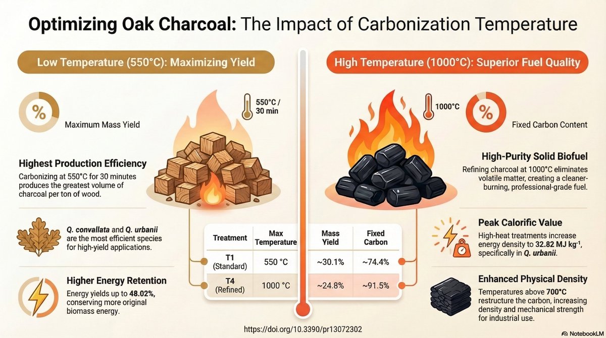 Acarrillop's tweet photo. 🔥How does carbonization temperature affect charcoal quality?

Our study on Quercus wood shows that temperatures above 700 °C improve fixed carbon and calorific value, while lower temperatures increase yields.

📄 Read it here: https://t.co/kreXrnZXuo

#Bioenergy #Charcoal https://t.co/k9FFpHF8cC