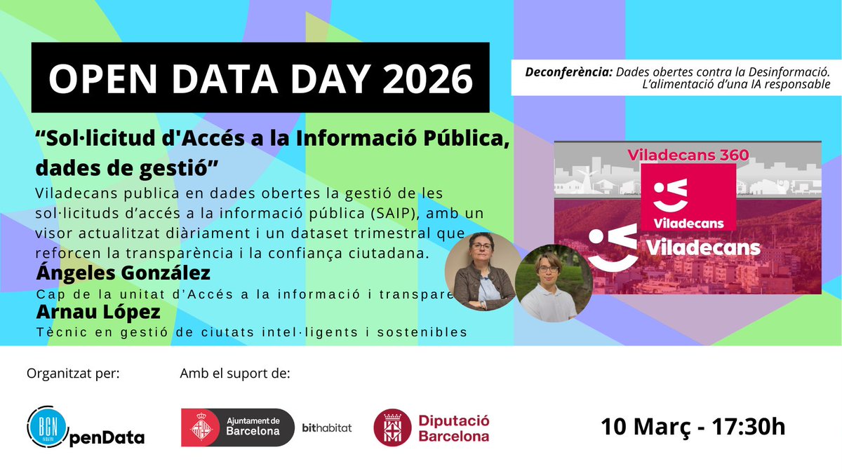 🔵@viladecanstweet aposta per la transparència publicant en dades obertes la gestió de les sol·licituds d’accés a la informació pública (SAIP) i combat aixi la desinformació 
Vine a l’#OpenDataDay 2026
Reserva la teva plaça !
👉🏼bit.ly/ODD_2026
📅 10 de Març
⏰ 17:30 h