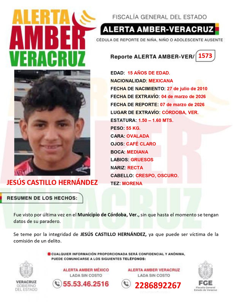 #AlertaAmber 🚨| Se solicita de su ayuda para difundir la siguiente alerta de búsqueda. Se teme por la integridad del C. Jesús Castillo Hernández de 15 años de edad, quien fue visto por última vez en #Córdoba, #Veracruz. 

🔃Apoyas también compartiendo esta publicación🔃