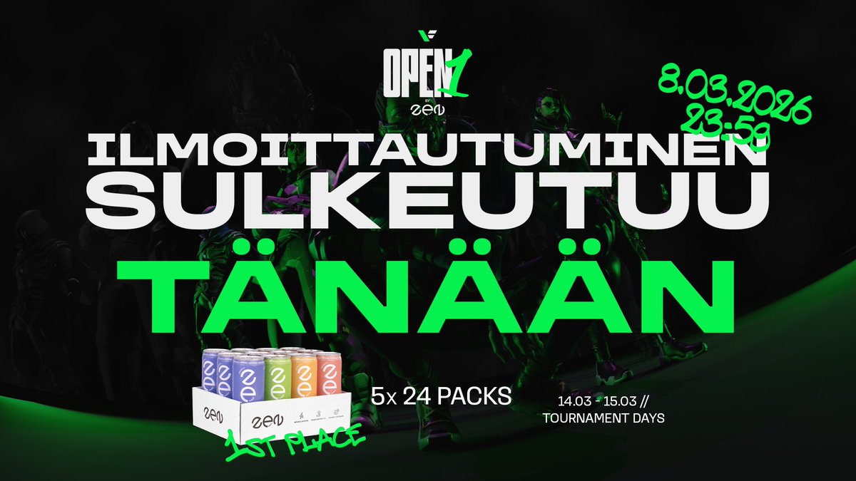 Valorant_FI's tweet image. ILMOITTAUTUMINEN OPEN 1 BY ZEN ENERGY -TURNAUKSEEN SULKEUTUU TÄNÄÄN ‼️

Nyt alkaa olla viimeiset hetket ilmoittaa tiimisi turnaukseemme, sillä ilmoittautuminen sulkeutuu klo 23:59 💚 discord.gg/pwmMx2G

#esportsfi #VALORANT #OPEN1