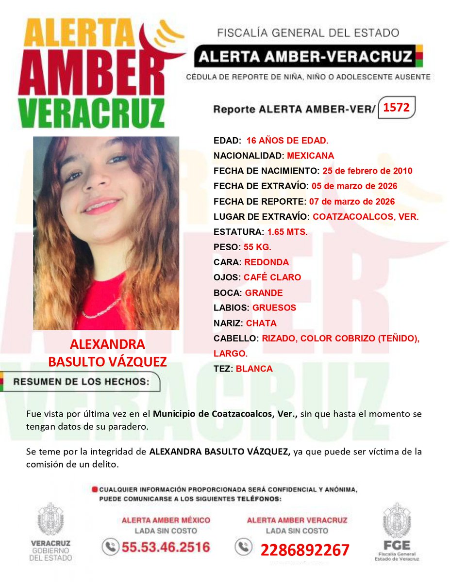 #AlertaAmber 🚨| Se solicita de su ayuda para difundir la siguiente alerta de búsqueda. Se teme por la integridad de la C. Alexandra Basulto Vázquez de 16 años de edad, quien fue vista por última vez en #Coatzacoalcos, #Veracruz. 
 
🔃Apoyas también compartiendo esta