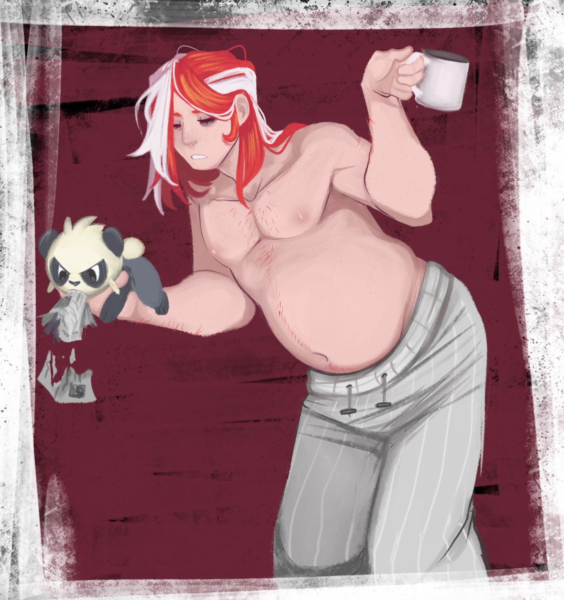 Hair down, dad bod, rambunctious son.