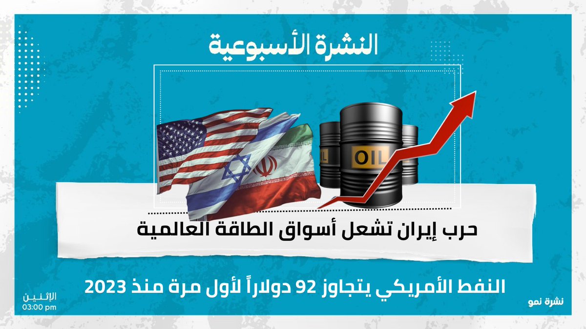 NewsNmo's tweet photo. حرب إيران تشعل أسواق الطاقة العالمية…النفط الأمريكي يتجاوز 92 دولاراً لأول مرة منذ 2023
تقرأ في هذه النشرة
- توقف إنتاج قطر يقفز بأسعار الغاز في أوروبا.
 - إعلان القوة القاهرة يربك إمدادات الألمنيوم .
-هل يشعل مضيق هرمز أزمة جديدة في الأسواق الناشئة؟
اشترك الآن
https://t.co/m3QHf2edDu