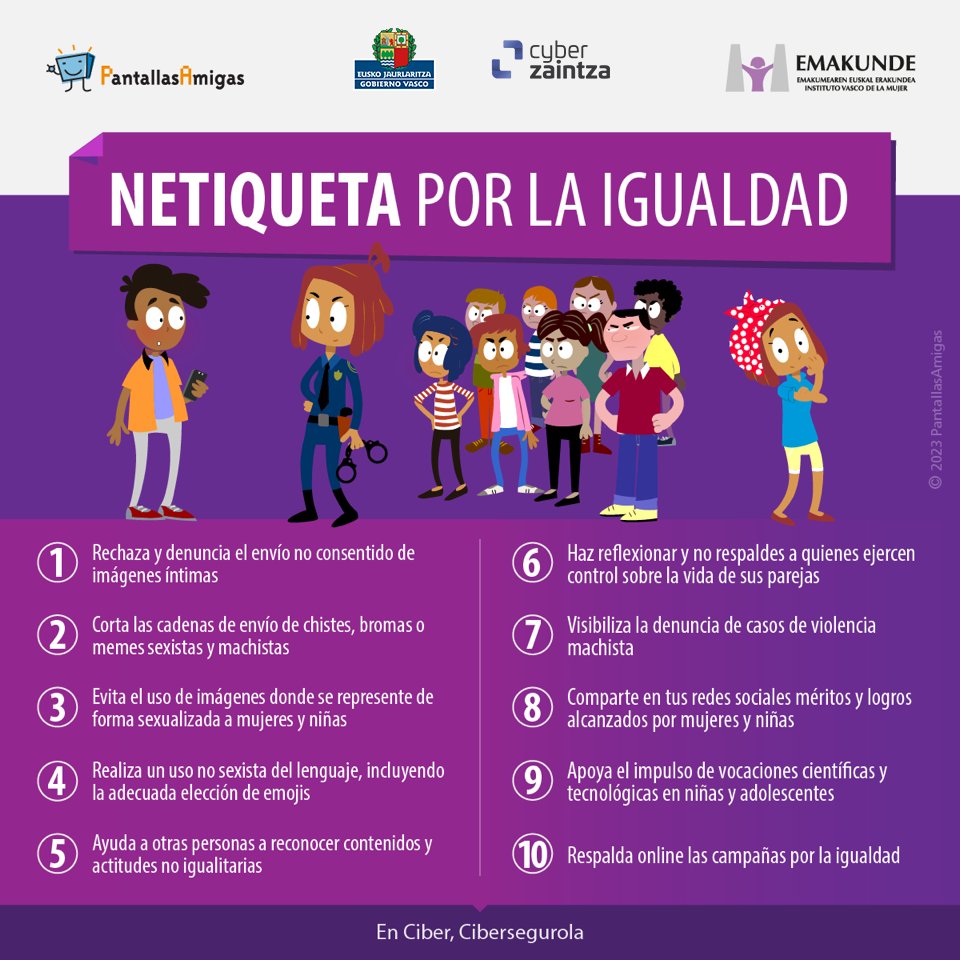 PantallasAmigas's tweet photo. ♀️ El #8M nos recuerda que la #igualdad empieza en cada comentario, meme y mensaje. 

Hagamos de Internet un espacio seguro para todas. #NetiquetaPorLaIgualdad 

🤝 @CyberzaintzaEJ @EmakundEJGV @PantallasAmigas #DaleEspacioALaIgualdad 

▶️ https://t.co/mO9Ayheec6 https://t.co/xHjvYm55JQ