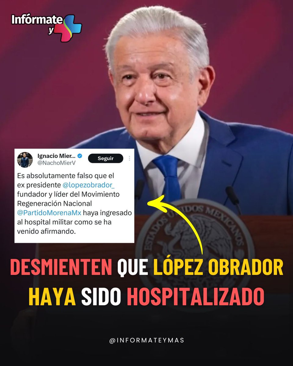 #Nacional 
¡Falsa alarma! ☝🏻 

🚨Este sábado circularon rumores sobre la presunta hospitalización 🏥 del expresidente Andrés Manuel López Obrador (<a href="/lopezobrador_/">Andrés Manuel</a> ), sin embargo, la noticia fue desmentida por el Coordinador de Morena en el Senado, Ignacio Mier (<a href="/NachoMierV/">Ignacio Mier Velazco</a>), quien