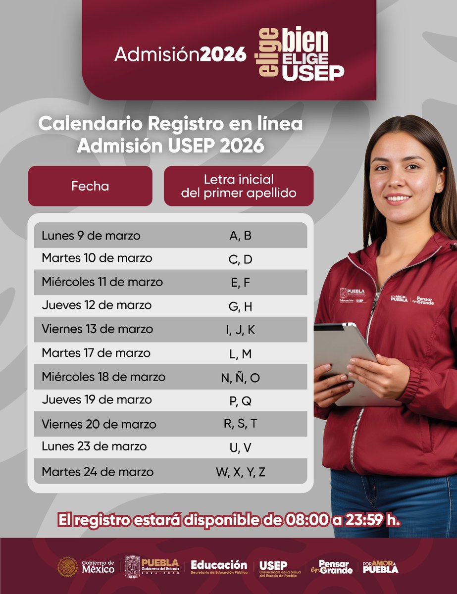 USEP_Puebla's tweet photo. ¡Atención, aspirantes! 📢 Este 9 de marzo comienza el registro en línea para las cinco sedes de la #USEP 📚🩺.

Realiza tu trámite acorde a la fecha y letra inicial de tu apellido en nuestra plataforma 🖥️ https://t.co/qtxrfCzV00 

Construye tu futuro desde ahora desde educación superior en salud.  👩‍⚕️👨‍⚕️: #EligeBienEligeUSEP 🏥⚕️.

#PensarEnGrande #PorAmorAPuebla