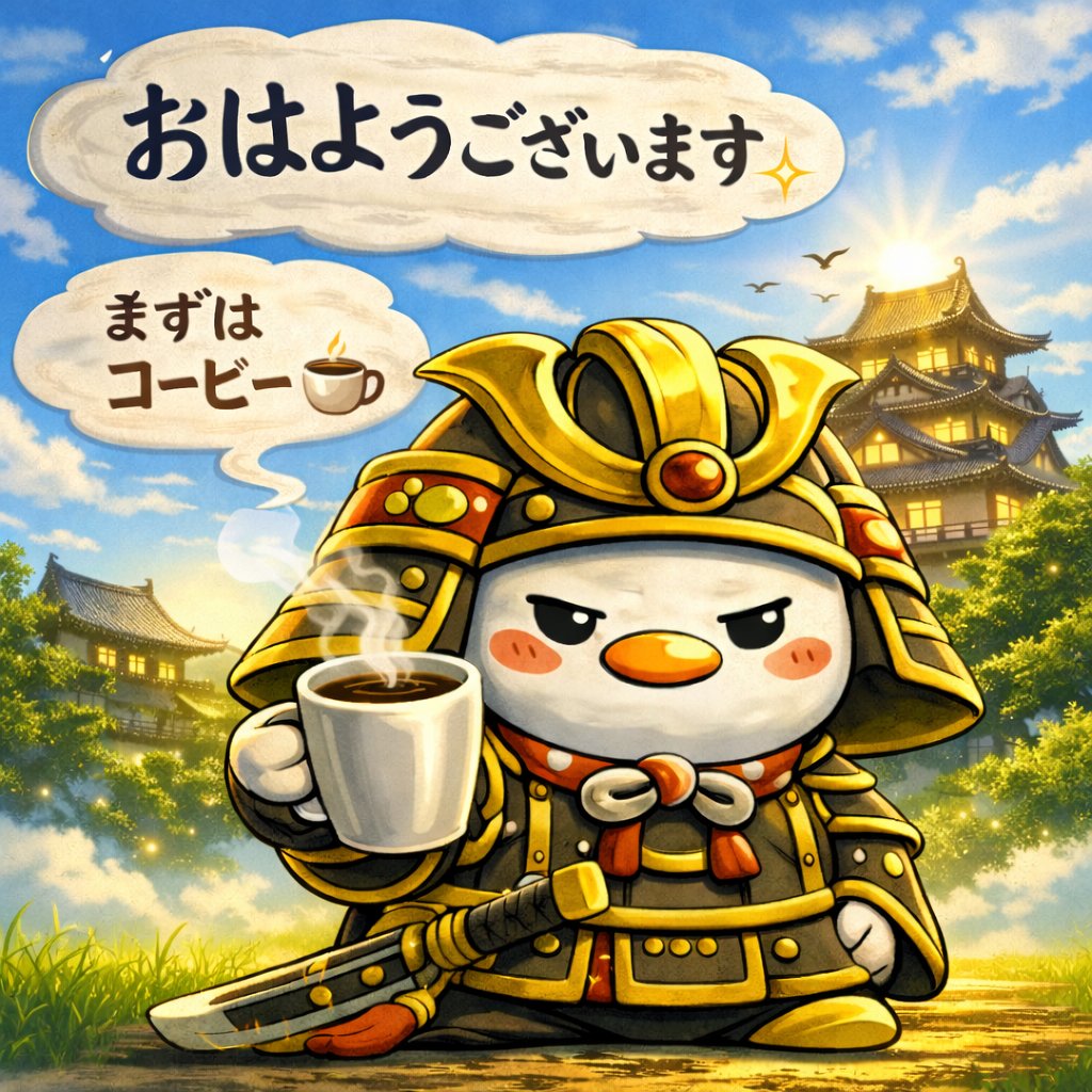 FRAM_EZERO's tweet photo. おはようございます☀️
のんびり日曜日の朝。
まずはコーヒーでゆったり☕
今日もよい一日になりますように✨
#おはようございます
#日曜日
#日曜の朝
#朝の時間
#コーヒー
#朝コーヒー
#コーヒー好き
#朝活
#癒し
#ゆるキャラ
#侍
#イラスト
#イラスト好きさんと繋がりたい
#のんびり休日
#休日の朝 https://t.co/tkw7fdX65e
