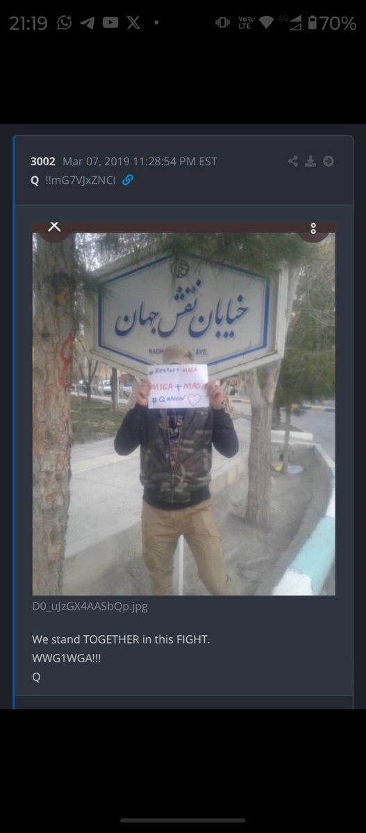 AndreGAP's tweet image. INTERESSANTE ESSE DELTA
tradução do texto no cartaz:
#Restart MIGA
MIGA + MAGA
#QAnon
Da placa em persa ao fundo:
خیابان نقش جهان
"Rua Naqsh-e Jahan" ou "Rua do Mundo" – nome de uma famosa praça/avenida em Isfahan, Irã)
Legenda da postagem:
Nós estamos JUNTOS nesta LUTA.
