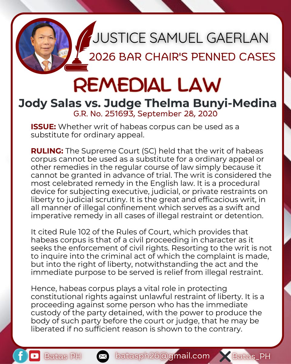 Batas_Ph's tweet photo. JUSTICE SAMUEL GAERLAN PENNED CASE!!⚖️👨‍⚖️

Jody Salas vs. Presiding Judge Thelma Bunyi-Medina
G.R. No. 251693, September 28, 2020

#StrivewithHopeandGrit #Bar2026 #AweSAMbar2026 #getthatbar2026
#SuccessAchievedthroughMerit #batasph https://t.co/ABSe1e8UUK