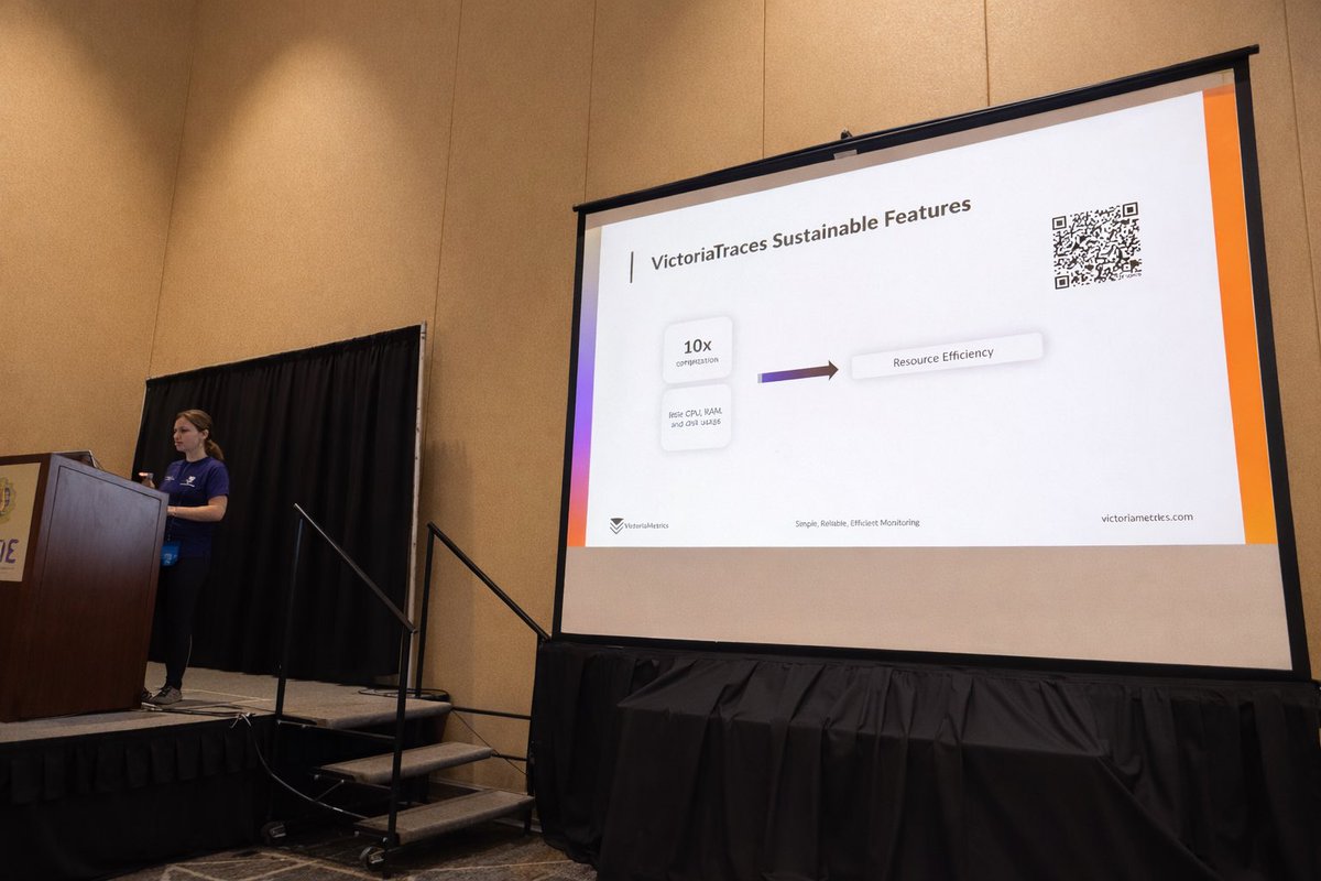 VictoriaMetrics's tweet photo. 🌱 At #SCALE23x, we’re talking about the future of #GreenObservability.
Our Developer Advocate @dianavtodea took the stage to present her talk:
🎤 “Green Observability: What Needs to Shuffle in #OpenSource?”
As observability grows, efficiency becomes critical. With #VictoriaTraces, teams can gain powerful insights while keeping infrastructure costs and resource usage low.
Some key benefits of VictoriaTraces include:
⚡ 10× compression, enabling more efficient storage of telemetry data
🖥 Minimal CPU and RAM usage, helping reduce infrastructure load and energy consumption
Smarter observability means better performance, lower costs, and a more sustainable infrastructure.
If you’re at Scale23x, come chat with us about #Metrics, #Logs, and #Traces and how we’re building more efficient observability systems.
🚀 See you there!