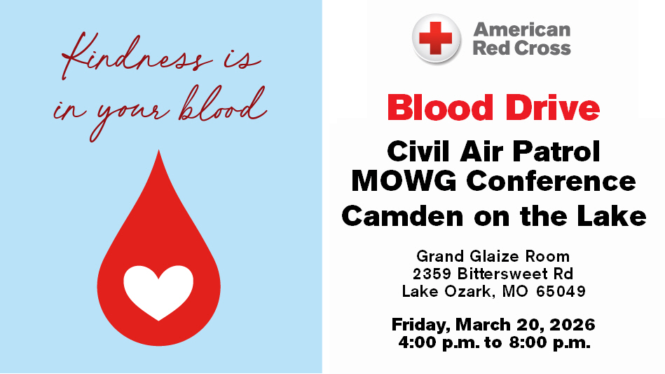 DTAMnet's tweet photo. Please join us for a blood drive at the Civil Air Patrol Missouri Wing Conference on Friday, March 20, 2026 from 4:00 p.m. to 8:00 p.m.

Please call 1-800-RED CROSS (1-800-733-2767) or visit https://t.co/46CJFl85Vj and enter: CAPMOWG to schedule an appointment. https://t.co/VtkFRPGG0C
