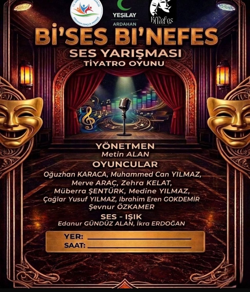 Türkiye Yeşilay Cemiyeti Ardahan Şubesi tarafından düzenlenen “Bi’ Ses Bi’ Nefes” Tiyatro Oyunu bu akşam sanatseverlerle buluşuyor. 🎭🎤