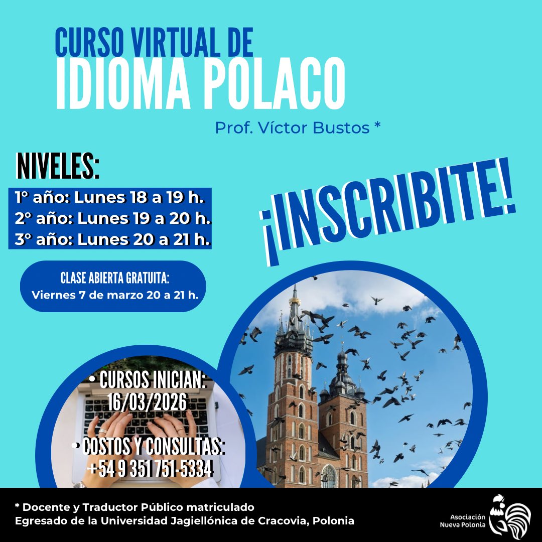NowaPolonia's tweet photo. 🇵🇱 ¡Sumate al Curso Virtual de Idioma Polaco!

👆🏼Info en la bio!

@AgCbaCultura @PLenArgentina @WspolnotaPolska @PolskiSenat @prezydentpl @PremierRP @MartinLlaryora @gobdecordoba @raulsansica @polska  @Infocolectivid1 #Polonia https://t.co/W9sH9kAwfZ