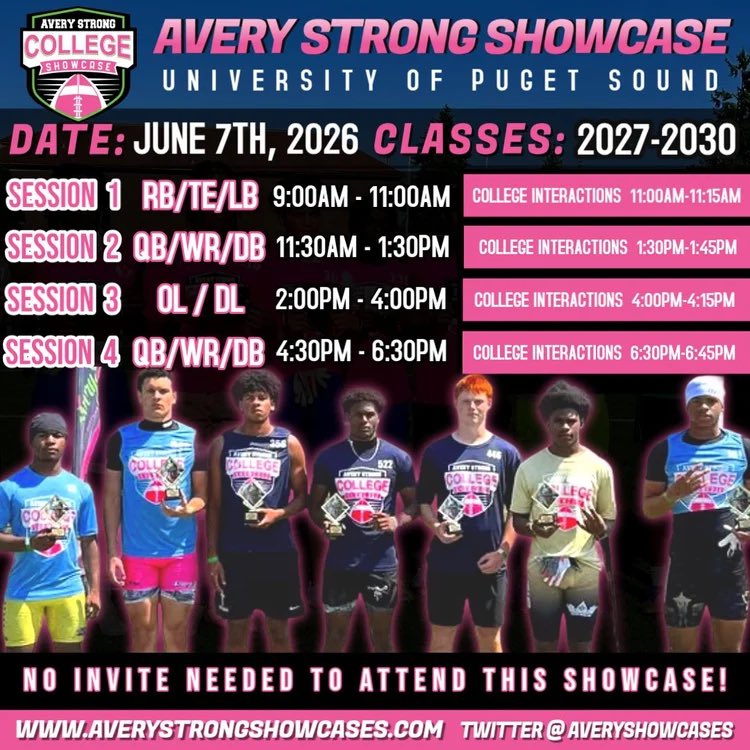 AveryShowcases's tweet photo. Officially 3 months away from the 2026 Avery Strong College Showcase โผ๏ธ
Juneย 7th in Tacoma, WAย at the University of Puget Sound is Going To Host Some Major Talent ๐๐๐
https://t.co/fC1U6JIx0S https://t.co/n4ILfnLivI
