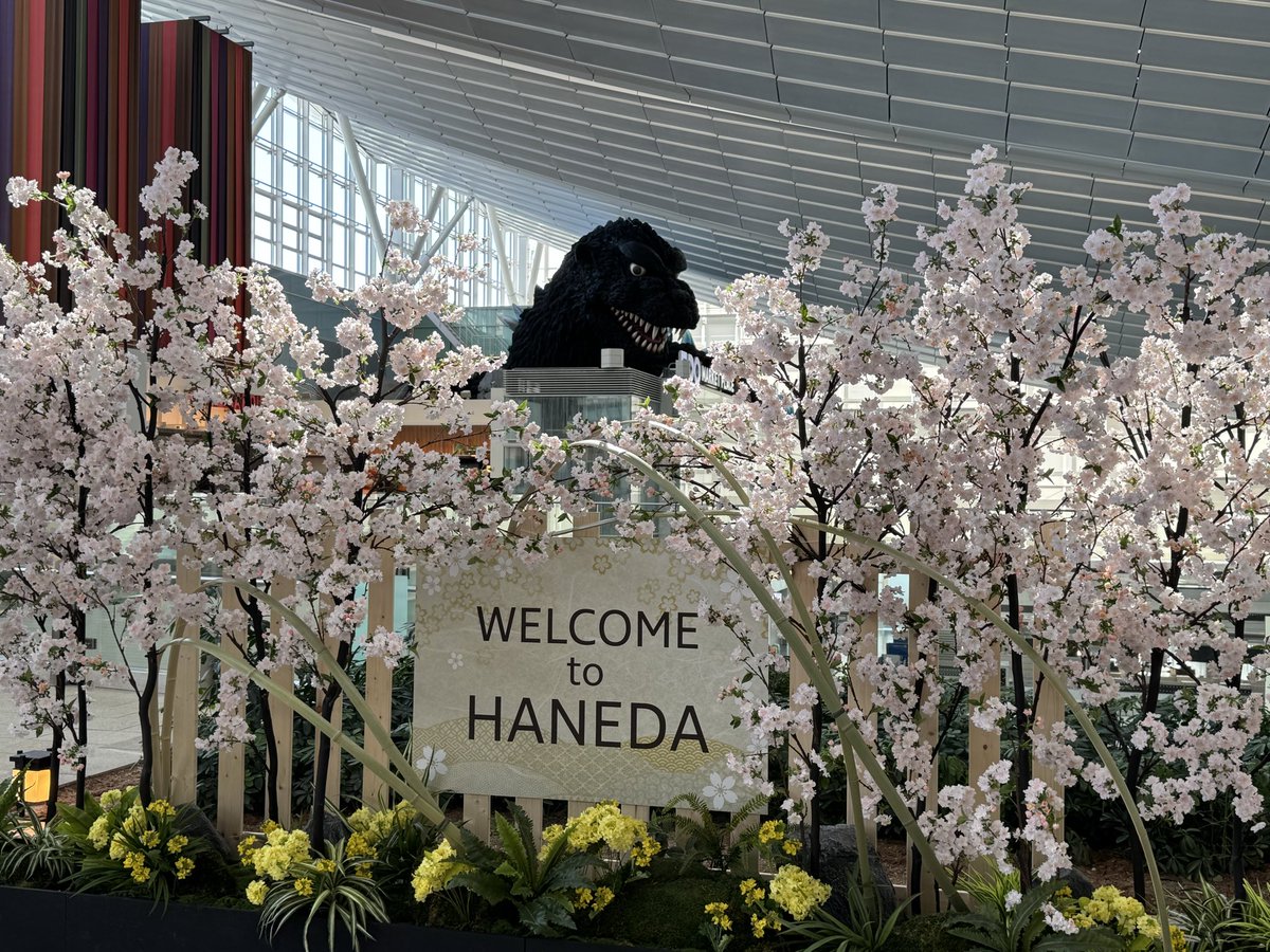 IsaUe2's tweet photo. #Godzilla  #hanedaairport  #terminal3 
#羽田空港　#サクラ
ゴジラが桜仕様になってます。 https://t.co/3hsp3qijra
