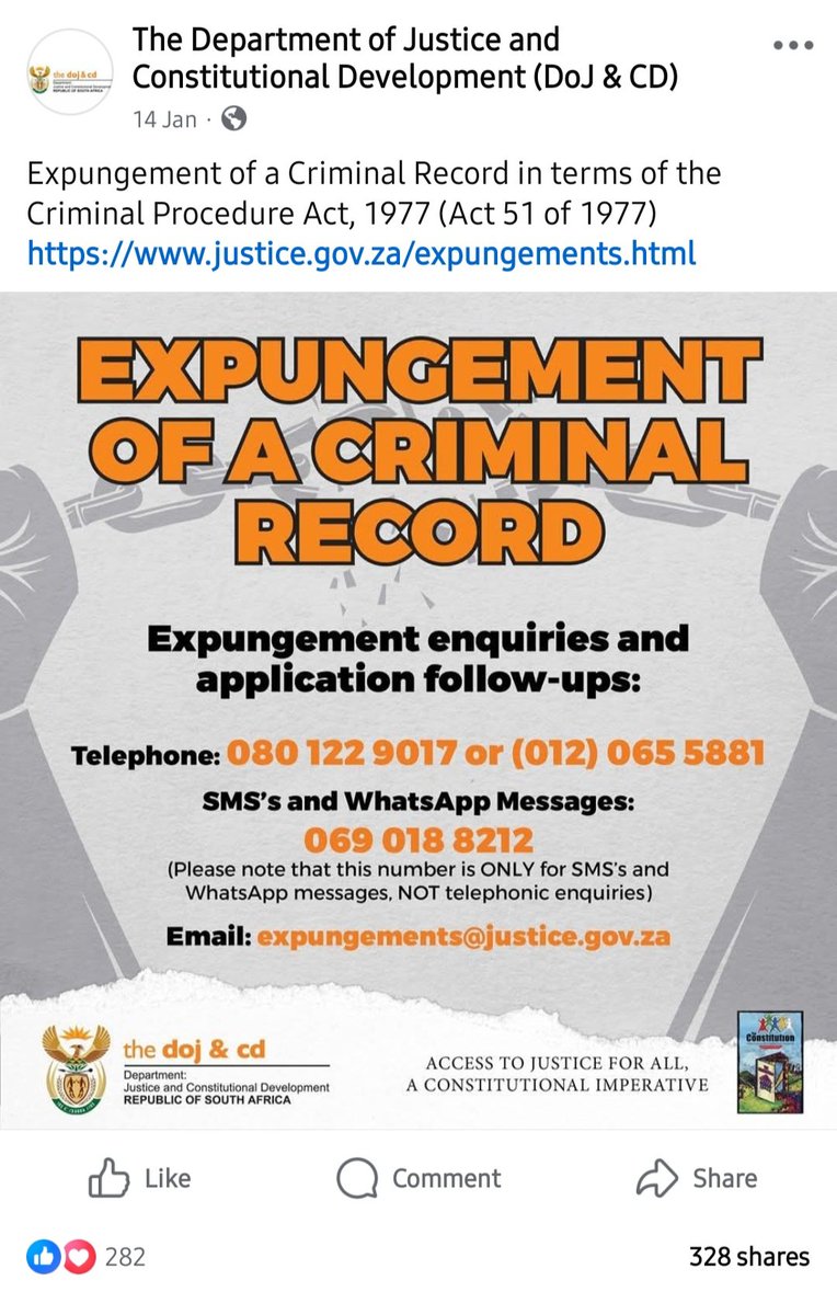 Dear Minister <a href="/mmkubayi/">Mmamoloko Nkhensani Kubayi</a>. I would like to know how long does the criminal record expungement process really take? This question stems from the fact that I have not recieved any update, despite several attempts to enquire using  the contact info provide by your department FB post.