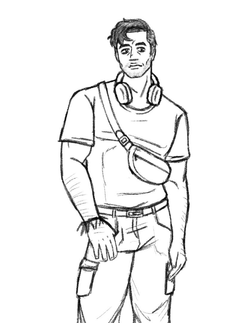 NaNoRenO project in progress. It's a secret... kind of. Here is a peek. Here is Emmet Charleston, an Essex DJ who's secretly... #NaNoRenO2026 #VN #VisualNovel #GameDev #BL #LGBTQ #ShantayYouStay (Character Sketch Art by MahjongMorrie)