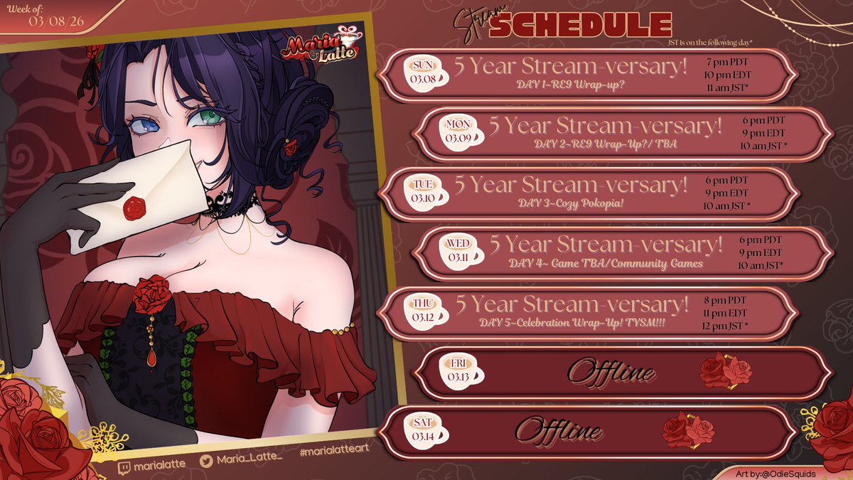 Maria_Latte_'s tweet photo. โ๐ผ๐ ๐๐๐๐๐๐ฆ๐๐! ~๐น
โง Week of 03/08-03/14 โง
๐ 5 Year Stream-versary Celebration week!!!
RE9 + Pokopia + Community Games + more?
Hope to see you there, my Darlings ~ ๐
โ๏ธ https://t.co/7HdO4gzETI
โง #Vtuber โง #Streamversary โง #re9requiem โง https://t.co/YCFqMJFsRQ