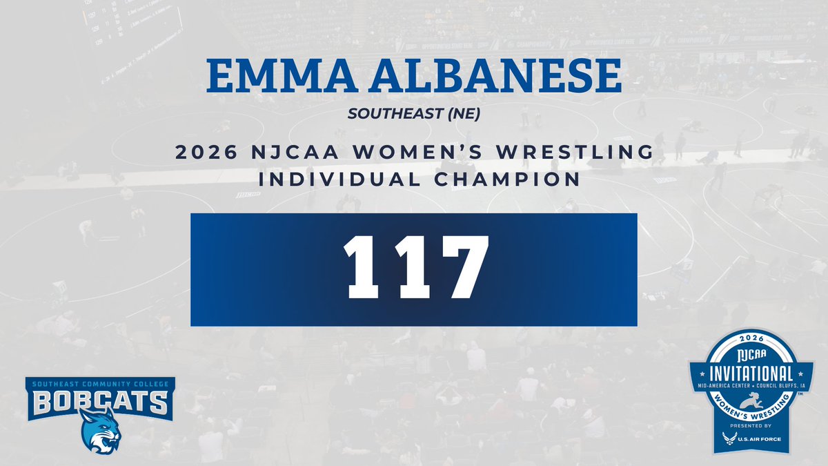 NJCAAWrestling's tweet photo. 1⃣1⃣7⃣ Champion!

Emma Albanese of @SCC_wrestling  is the 2026 #NJCAAWrestle Women's Invitational Champion presented by @USAFRecruiting. https://t.co/IEJAWcGBGf