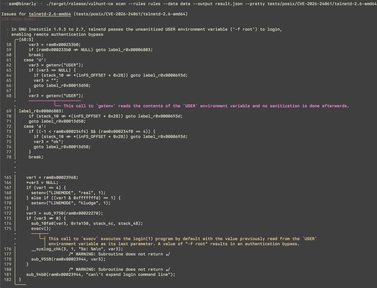 binarly_io's tweet photo. ...and, finally, a rule for the very recent authentication bypass in telnetd (CVE-2026-24061).

Test case(s): https://t.co/Lv5ybxOAHE
Rule: https://t.co/65mdYBYgxL https://t.co/hHsioMt6x0