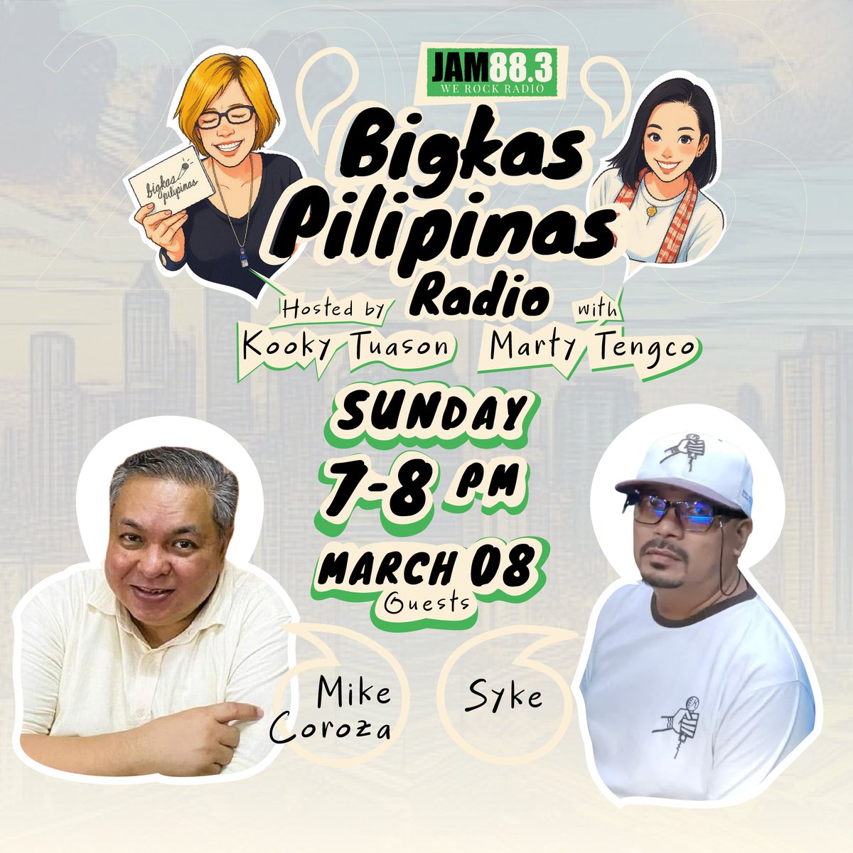 Tune in to Bigkas Pilipinas on JAM88.3 tonight 7-8pm Sunday March 8. Our featured guests are Mike Coroza and Syke

We Rock Radio 🤘

#kookytuason #bigkaspilipinas #martytengco #jam883

🎨 Joum Valera